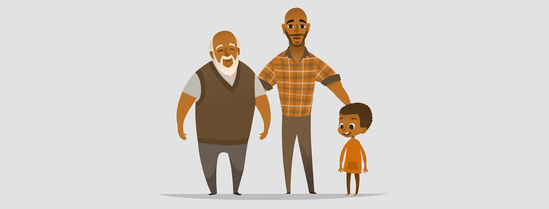 African-American grandfather, son, and grandson looking happy