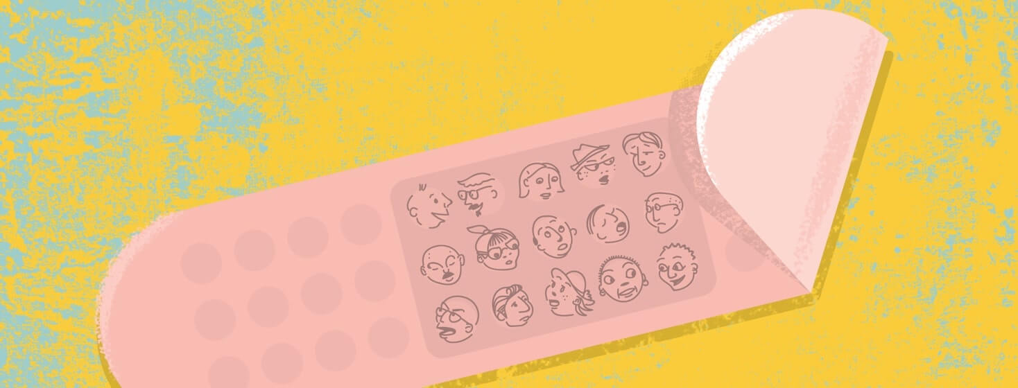 A giant bandaid's dots transform into heads chatting Brady Bunch style