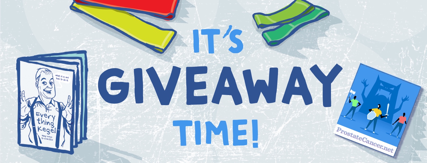 An assortment of giveaway items: booklet, exercise bands, sticker