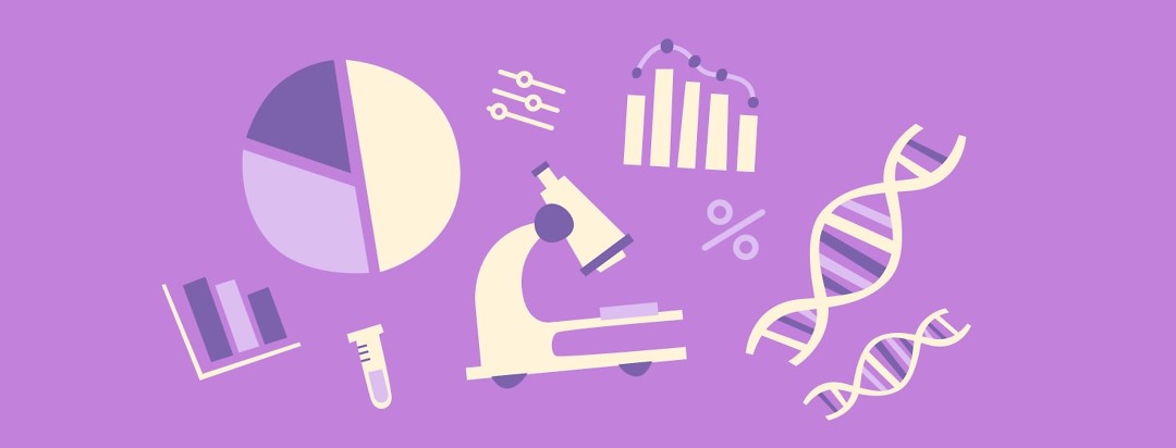 A microscope, bar graph, pie graph, and DNA strands in a collage on a purple background.