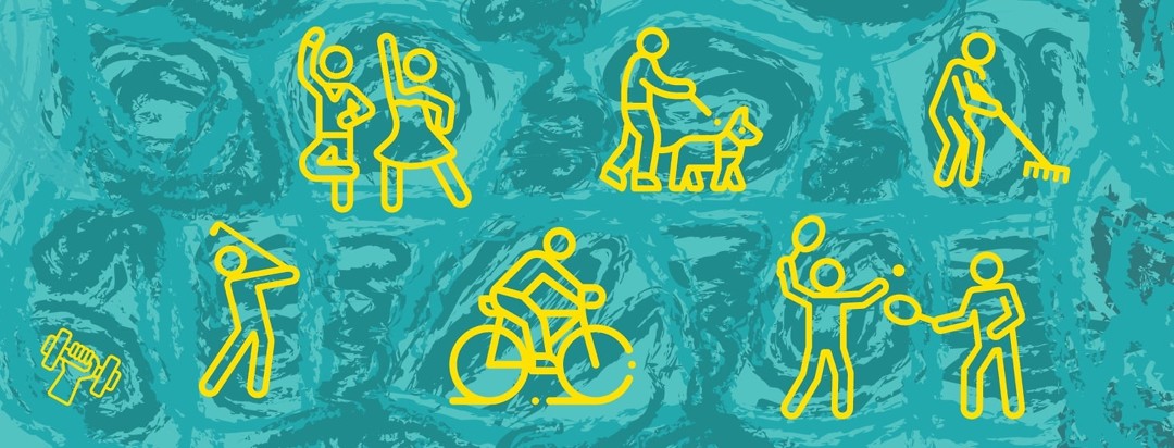 icons showing dancing, walking, raking, golfing, biking and doubles tennis
