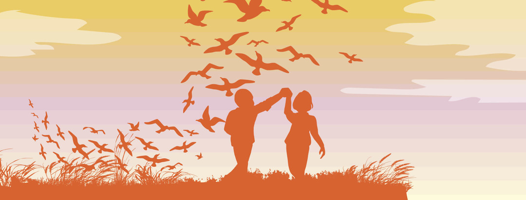 a man and woman dance on the edge of a cliff, surrounded by soaring birds