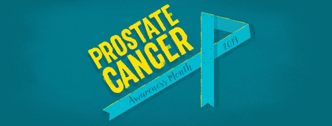 a geometric blue ribbon under the words prostate cancer awareness month