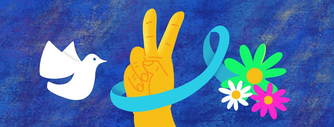 a dove, and a hand making the peace sign wrapped in a blue awareness ribbon and flowers