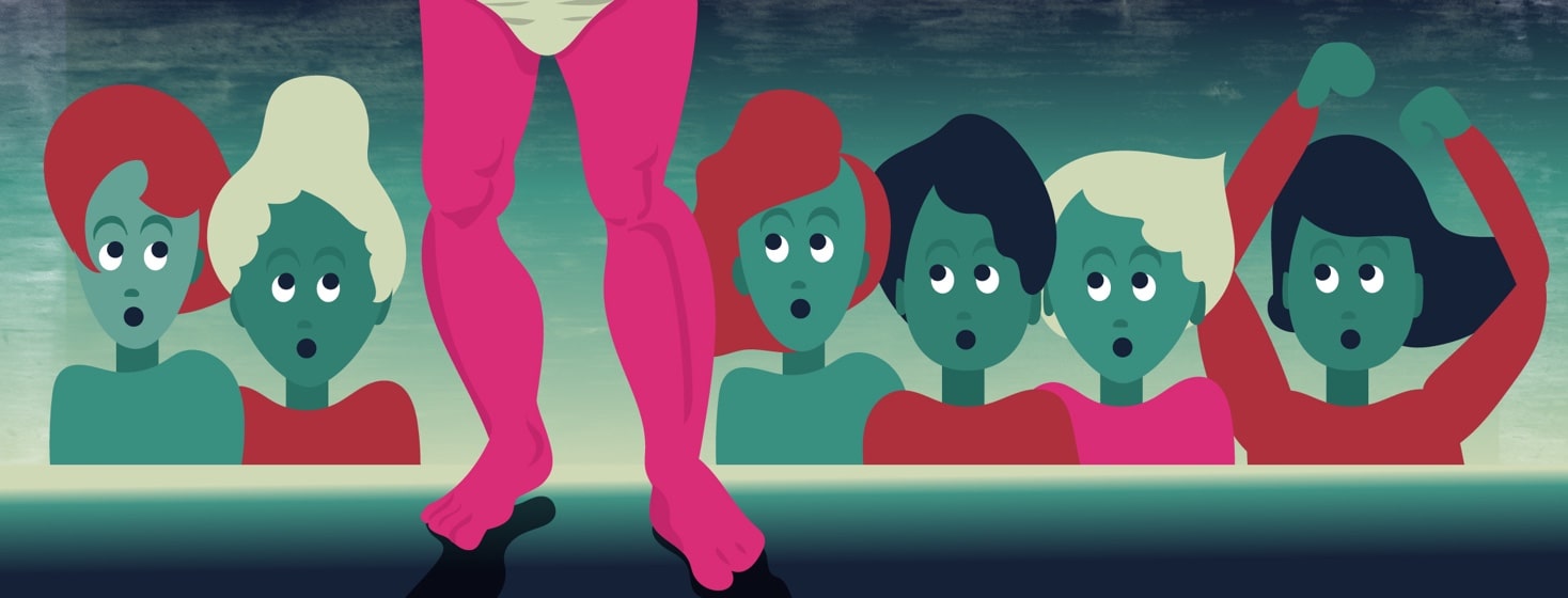 a scantily clad man prances in front of astonished ladies