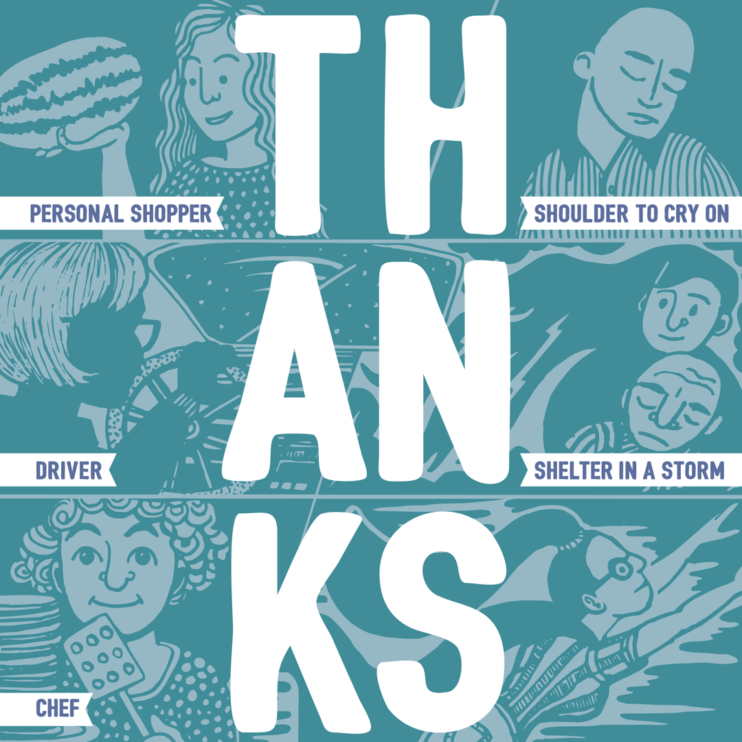 Image saying thank you and showing caregivers helping with driving, shopping, cooking, and comforting