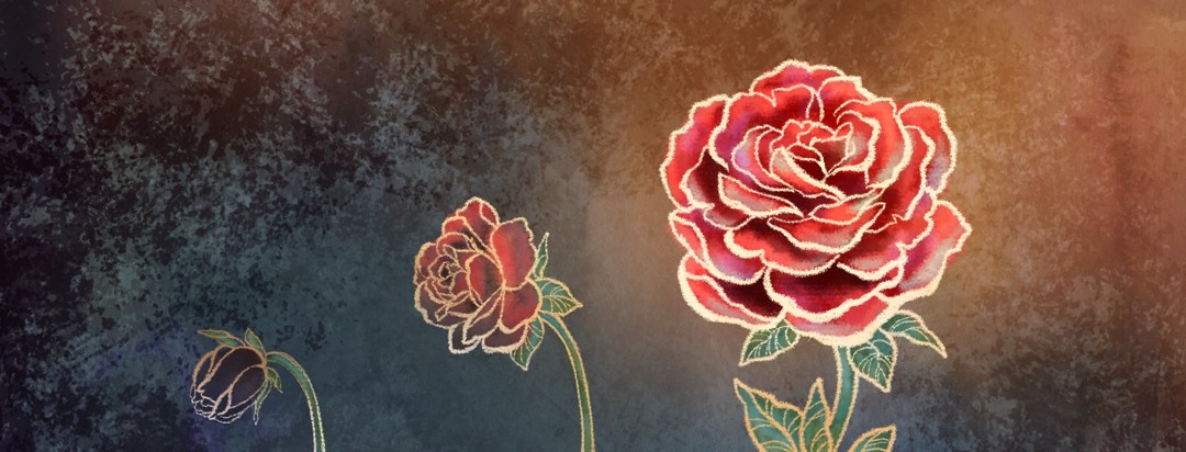 A rose is depicted in three stages from grayed-out bud to colorful full bloom, representing the regaining of libido after the side effects of medical procedures.