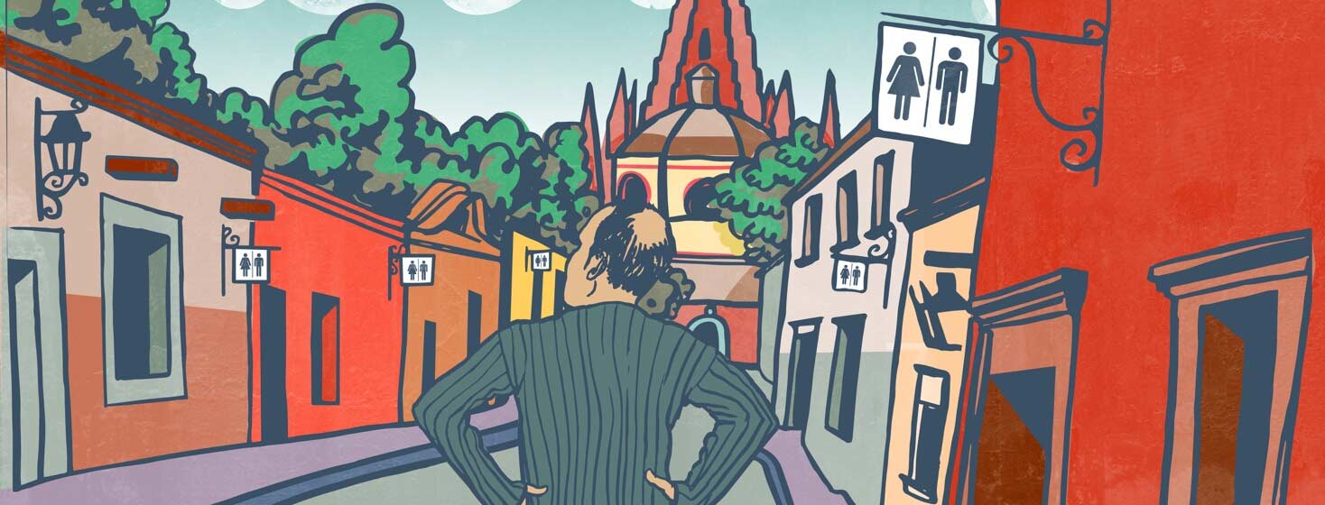A man surveys a quaint mexican town, there are bathroom signs everywhere