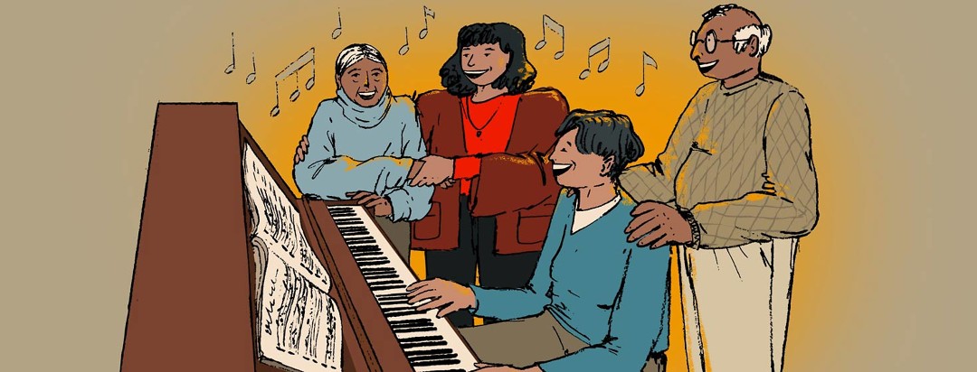 family singing together at piano