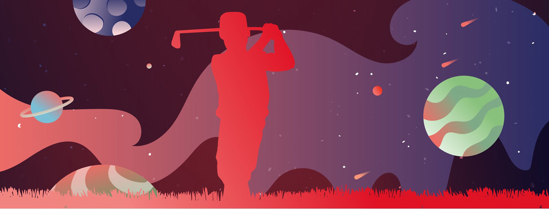 a man golfing in front of a space landscape