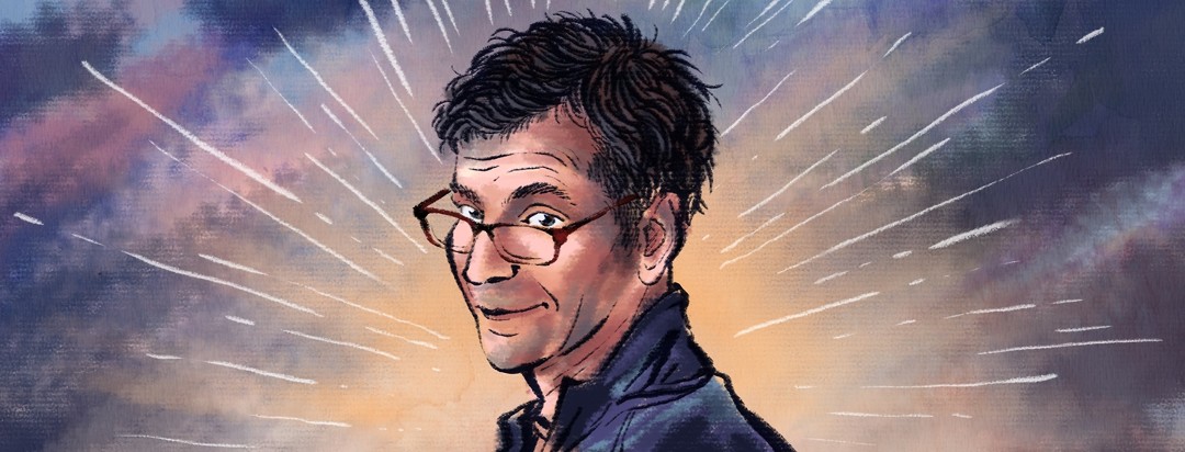 Illustrated portrait of Steve Bluestein smiling in the spotlight.