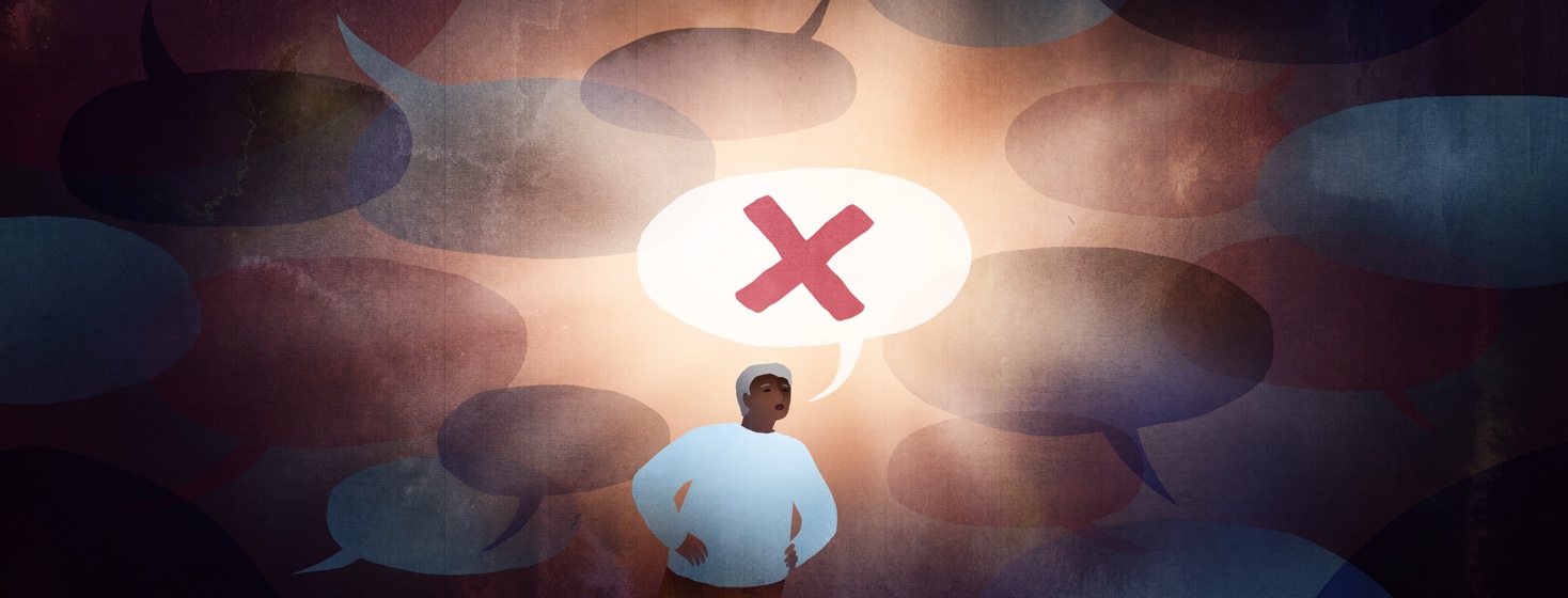 Surrounded by different speech bubbles, a man's own speech bubble is powerful enough to blow them all away.