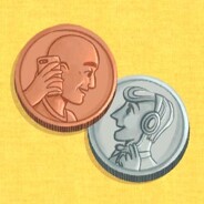 Adult male embossed on copper coin is seen talking to a case manager who is embossed on a silver coin. Money, finance, assistance, call center