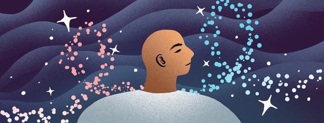 A man raises his face towards the night sky, as a stream of stars link together in the shapes of a pink breast cancer awareness ribbon and blue prostate cancer awareness ribbon.