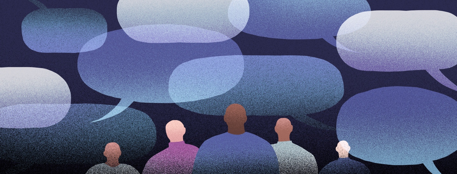 A group of men stand together, while overlapping speech bubbles surround them.