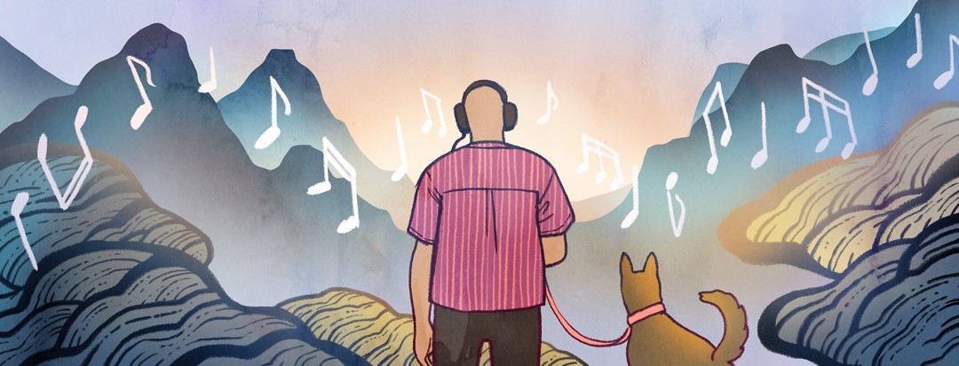 A man with headphones stands with his dog, surrounded by trees and mountains as music notes float across the landscape.