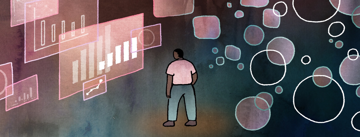 A man stands in the middle as he looks between two different sides - one side with charts and data, and the other side with floating bubbles.