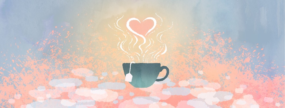 A heart symbol wafts up from a cup of tea with a teabag in it.