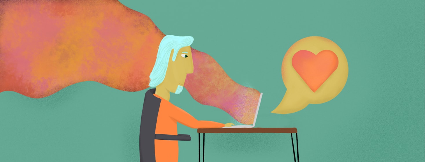 A man typing his feelings into poetry allowing him to communicate his feelings