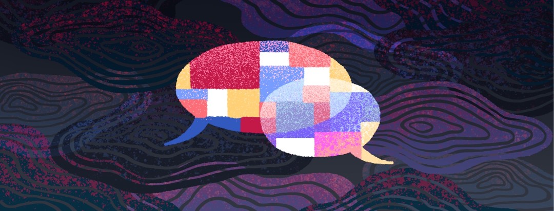 Among a chaotic background, two overlapping speech bubbles are overlaid with a brightly colored and orderly pattern.