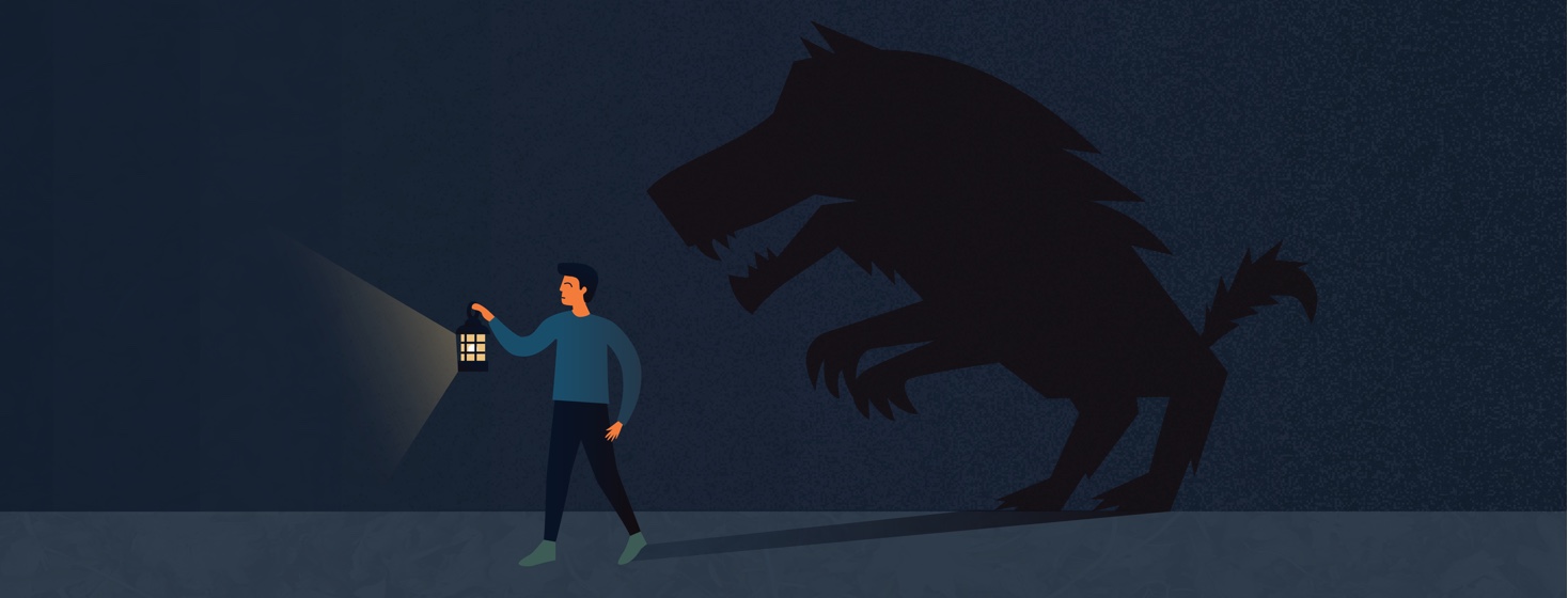 Man holding up a lantern walking in the dark with shadow of a monster, big bad wolf, trailing behind him.