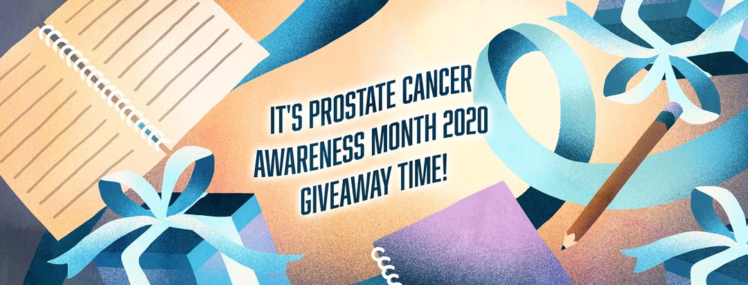 Prostate Cancer Awareness Month 2020 giveaway announcement with a journal and gift boxes.