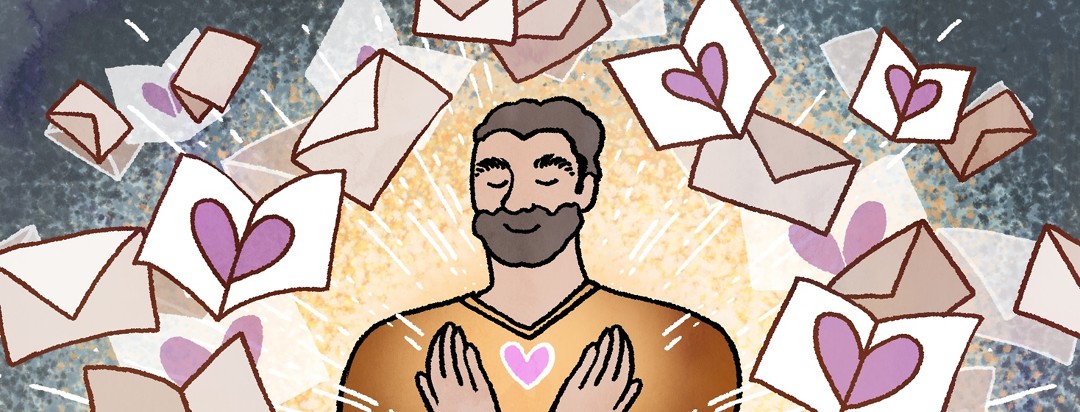A man holds a glowing heart in his hand, surrounded by letters and cards that connect him to others.
