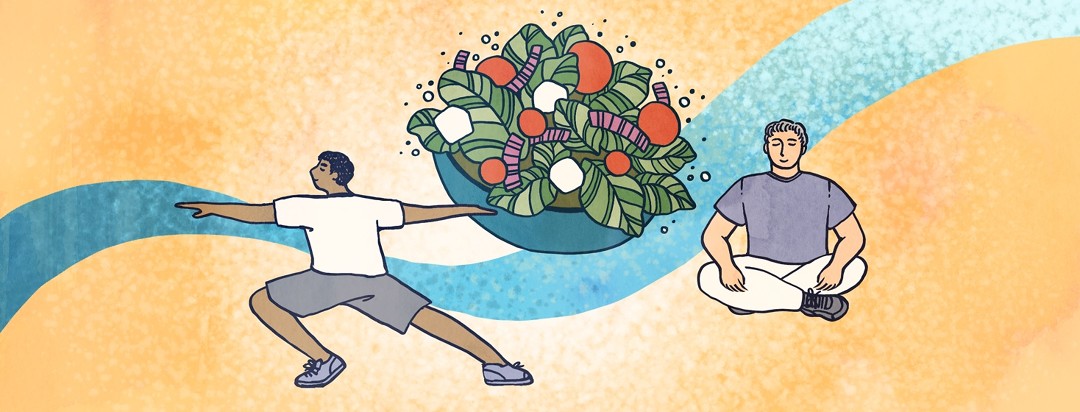 A man exercises with yoga and meditation, next to a healthy bowl of salad.