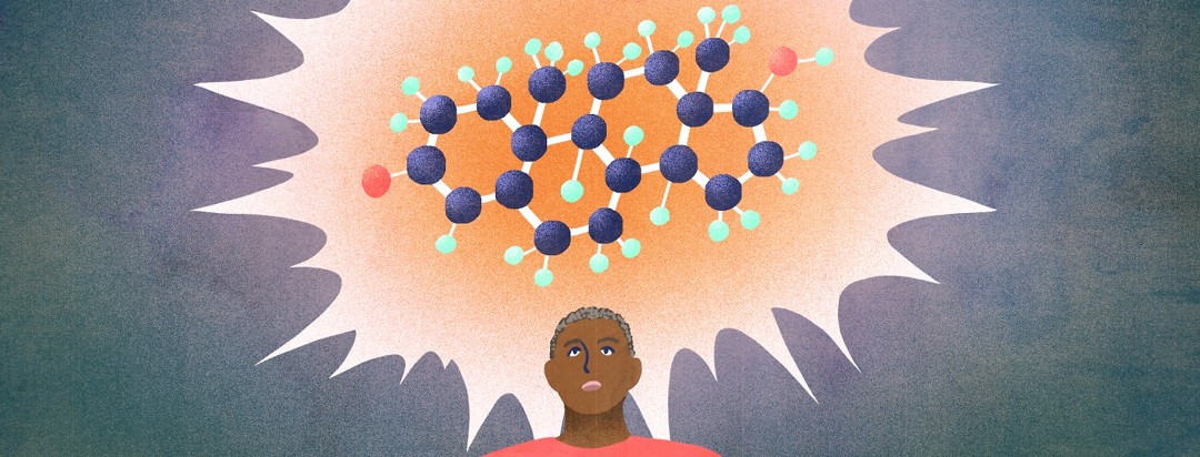 A man looks up at a testosterone molecule.