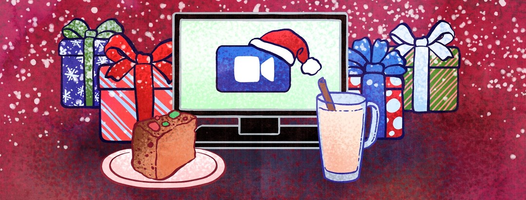 A fruitcake, cup of eggnog, and a variety of presents surround a computer screen with a videochat icon.