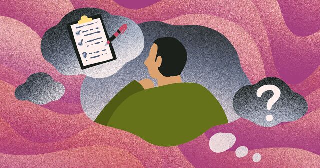 Inside a floating thought bubble, a man looks deep in thought next to a question mark and checklist.