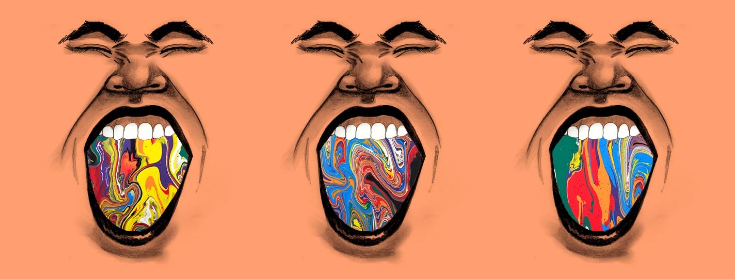 Faces with mouths wide open in angry yelling expression, meltdown, mental stress from illness