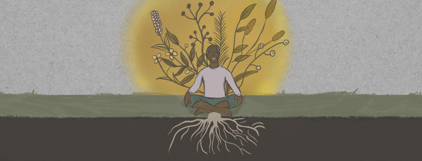 Elder male Person of color sitting in a happy meditative state rooted in the ground, with foliage rising above him in a yellow hue