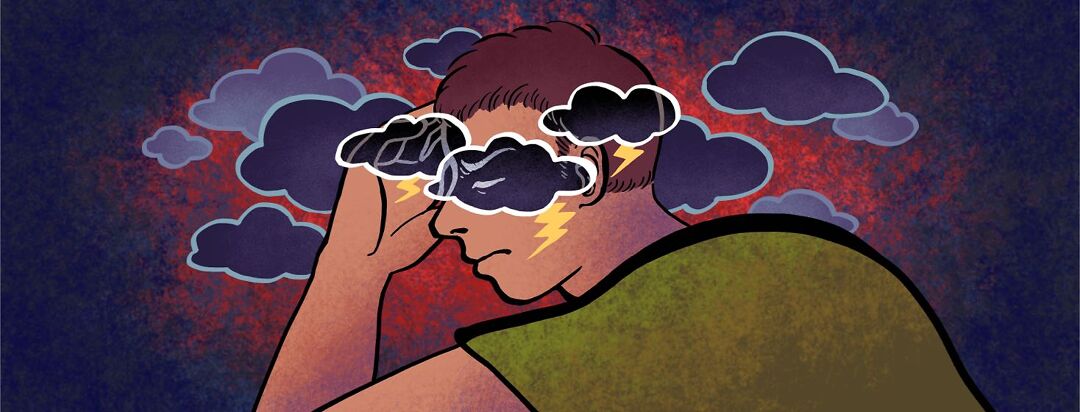 Thunder clouds cover a man's eyes.