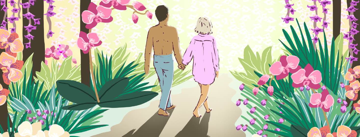 Half dressed man and woman walking down a bright light path through wild jungle flowers.