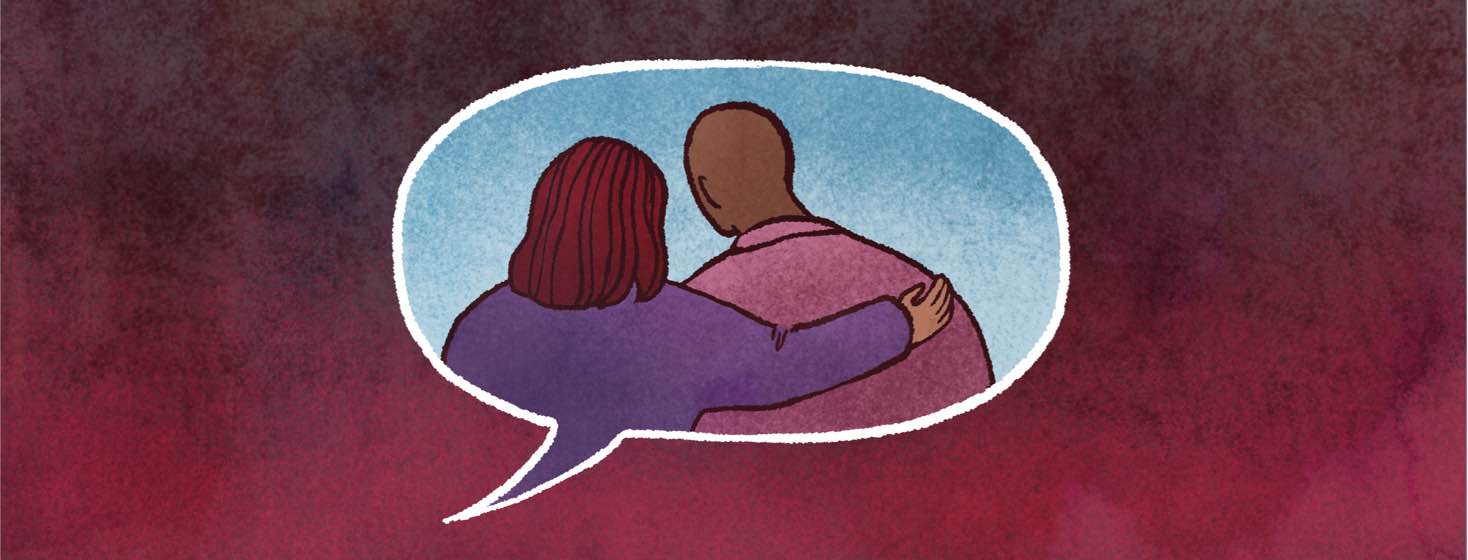 Inside a speech bubble, a woman puts her arm around a man's shoulder in a gesture of comfort.