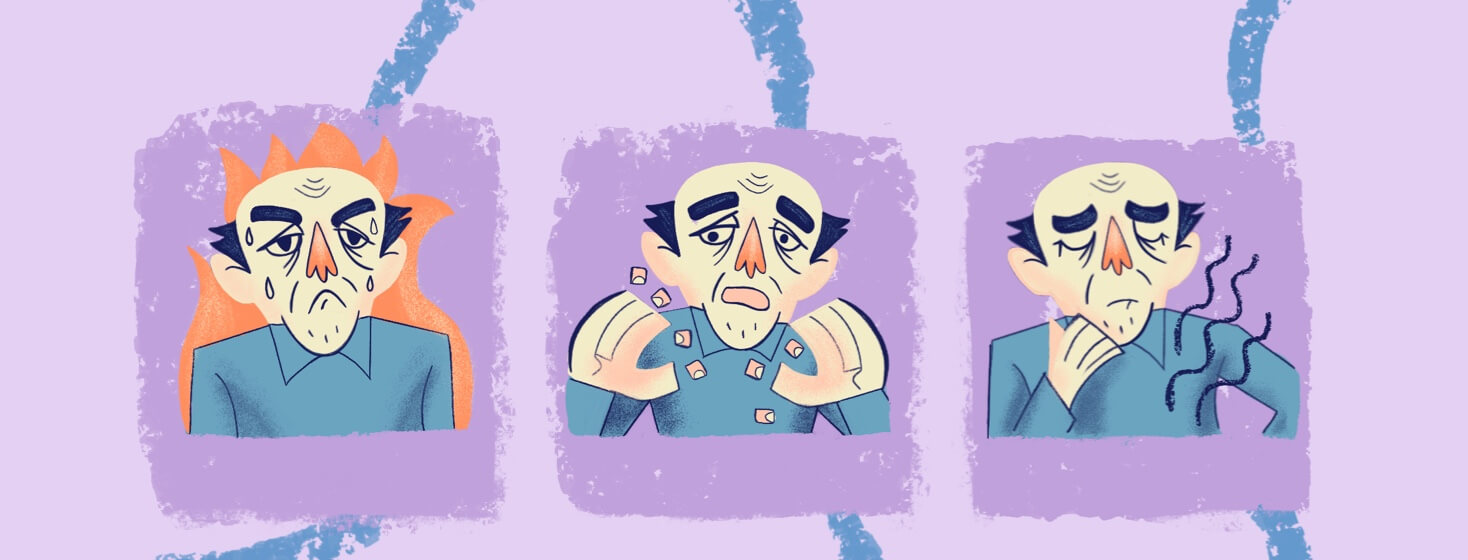 An older man in three panels sweats from a fire, looks shocked from his nails falling off, and grimaces from bowel pain.