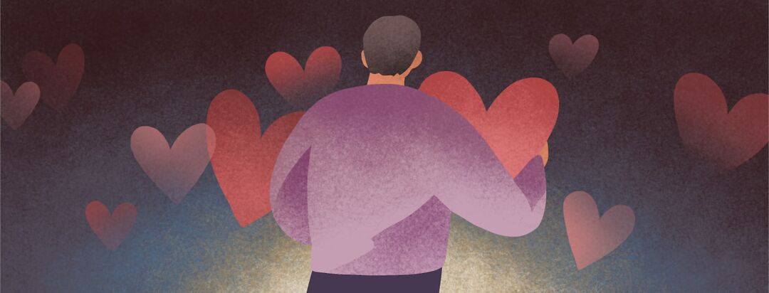 A person holds a bunch of hearts as other hearts float around him