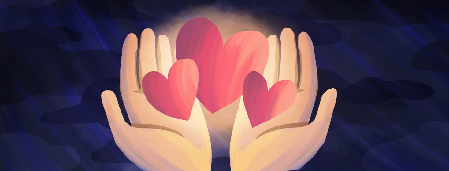 Two hands holding three glowing hearts.