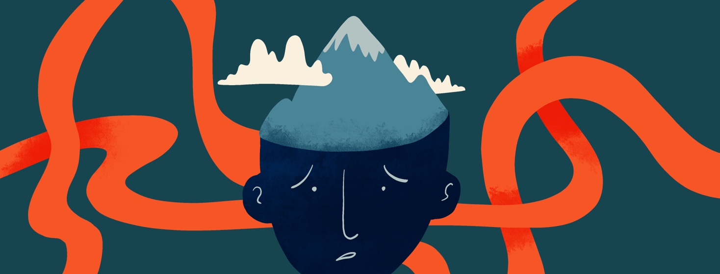 person looking discouraged with a mountain coming out of their head adult