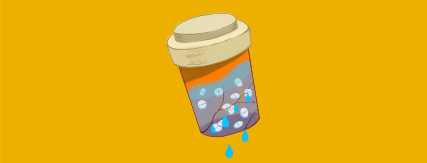 Pill bottle full of water and pills with leaking cracks at the bottom. medication, incontinence