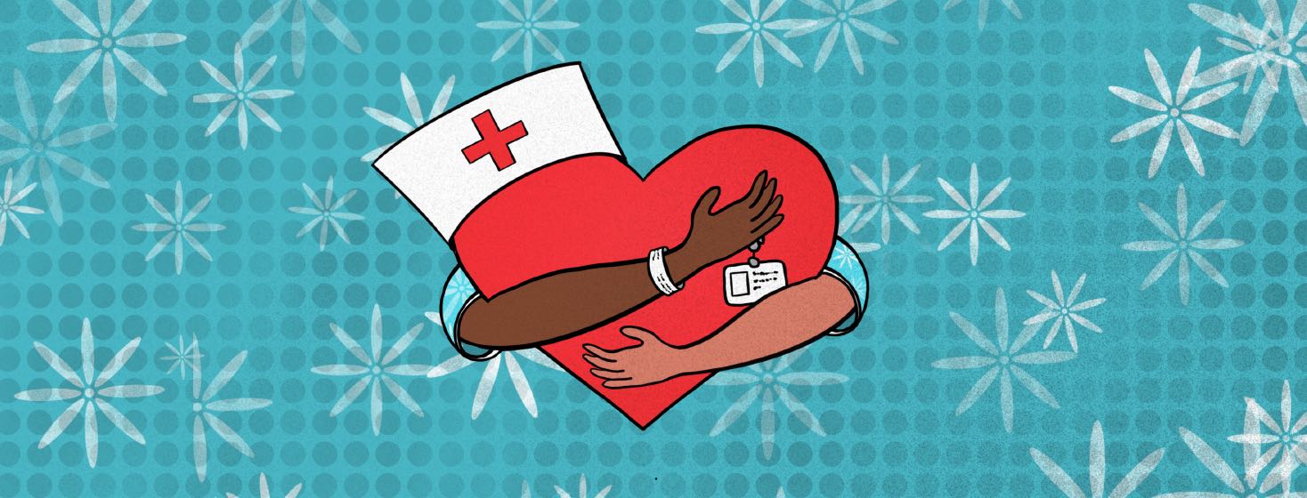 Two arms hug a heart wearing a nurse cap and badge.