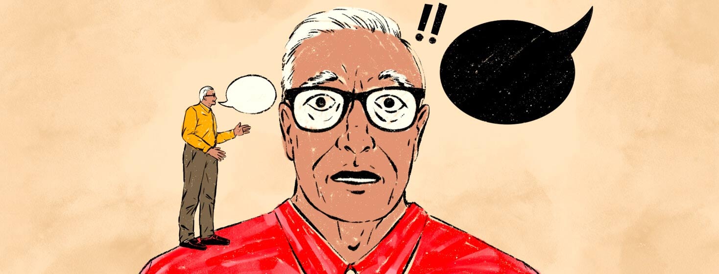 A distressed-looking older man has a black speech bubble on one side of his head and a small, calm version of himself on the other, calmly speaking into the ear of the distressed version.