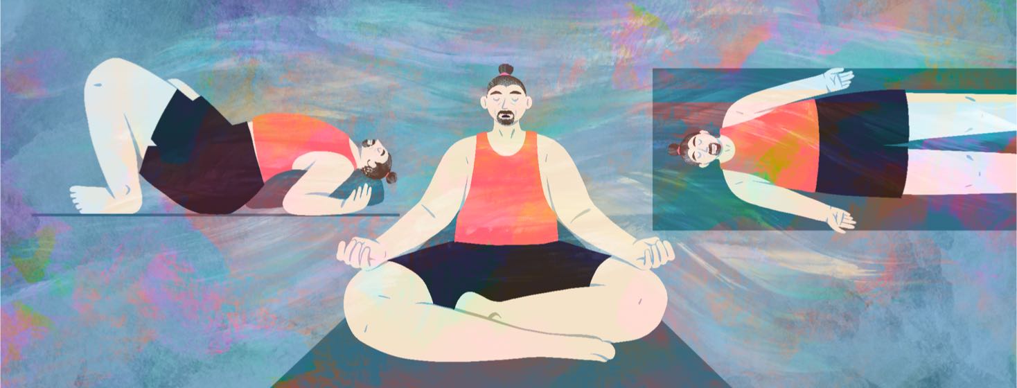 A man sits and lies on the floor in three different gentle yoga positions.