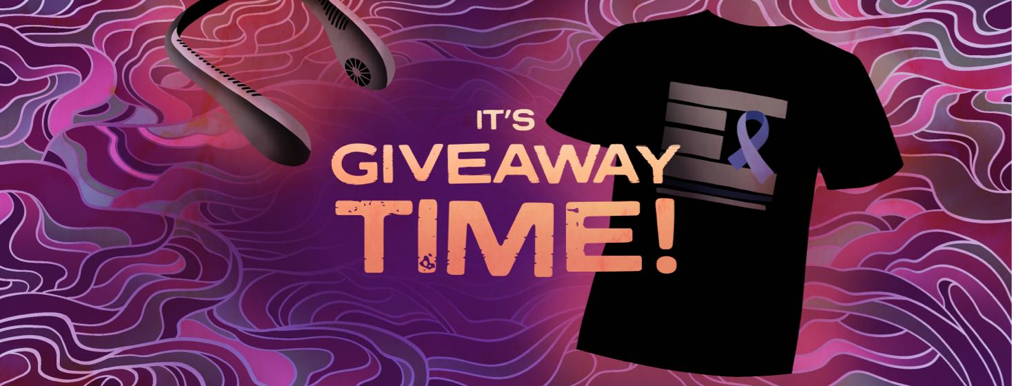 A neck fan and t-shirt float behind the text "It's Giveaway Time!".