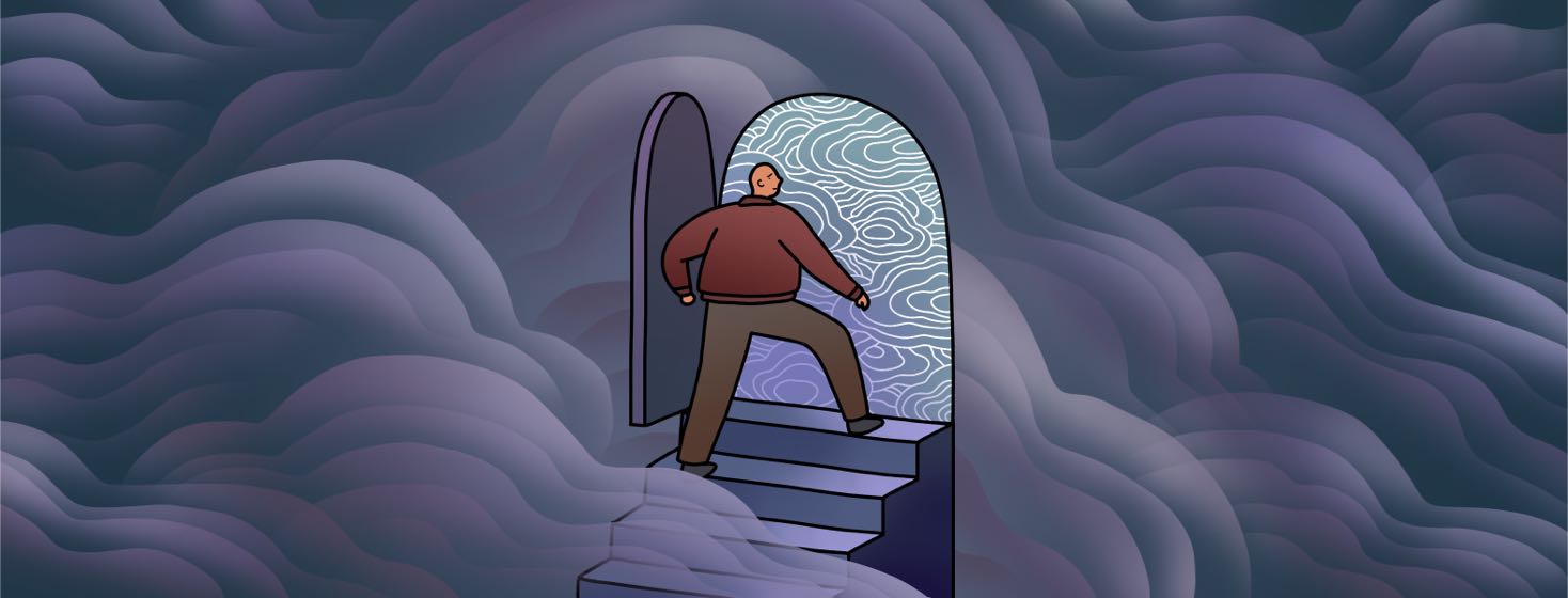 Surrounded by clouds, a man walks through a door way into the unknown.