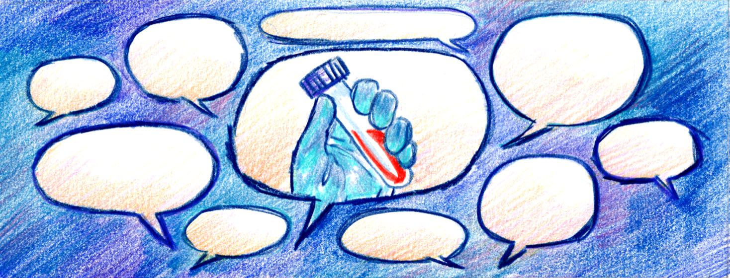 Many small speech bubbles surround a big speech bubble showing a hand holding a blood sample vial.