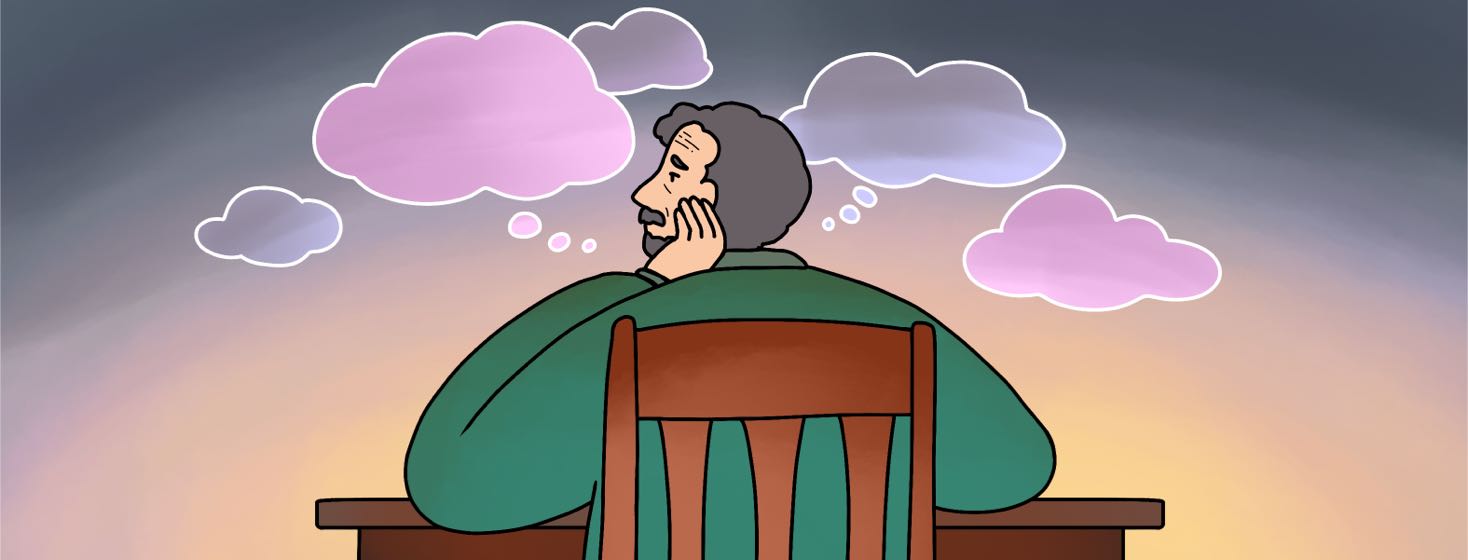 A man sits at a desk with a thoughtful expression as speech bubbles float around his head.