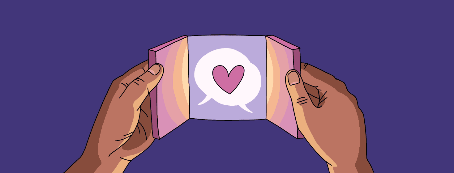 Two hands open small doors, which reveal two speech bubbles overlapping with a heart inside.