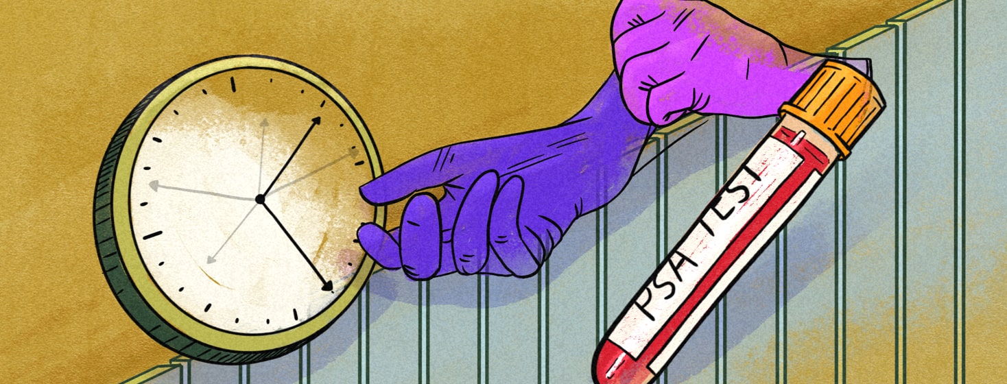 A clock with spinning hands, latex gloves being put on, and a vial of blood overlapping a bar chart